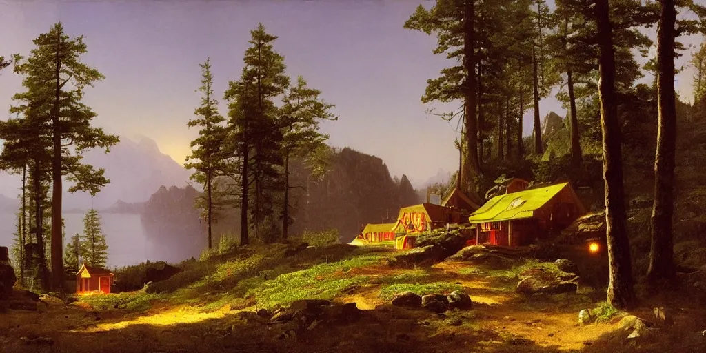 Prompt: cozy hotel at the side of a mountain road on a mountain by the shore by Simon Stalenhag, by Albert Bierstadt