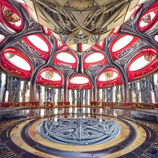 Prompt: futuristic god temple with gold, red and white marble panels, shafts of sunlight in the centre, in the desert, by h r giger, intricate contemporary architecture with art nouveau motifs, photo journalism, photography, cinematic, national geographic photoshoot
