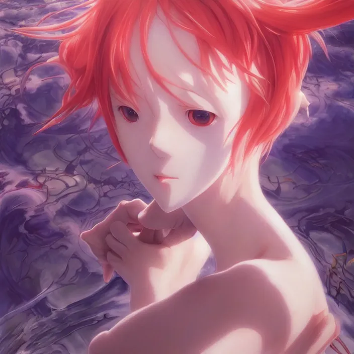 Image similar to Rei Ayanami, Closeup Female Anime Character, Japan Lush Forest, official anime key media, Iwakura Lain, LSD Dream Emulator, paranoiascape ps1, official anime key media, painting by Vladimir Volegov, beksinski and dan mumford, giygas, technological rings, johfra bosschart, Leviathan awakening from Japan in a Radially Symmetric Alien Megastructure turbulent bismuth glitchart, Atmospheric Cinematic Environmental & Architectural Design Concept Art by Tom Bagshaw Jana Schirmer Jared Exposure to Cyannic Energy, Darksouls Concept art by Finnian Macmanus