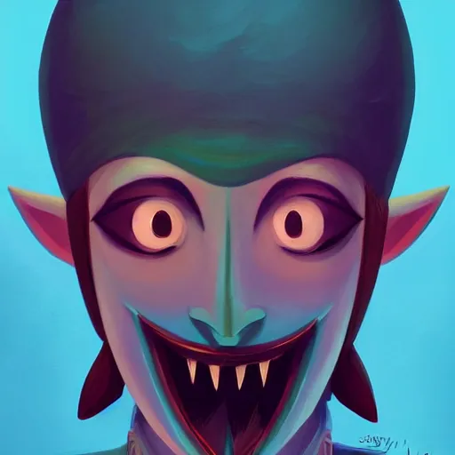 Image similar to a portrait of the happy mask salesman from the legend of zelda, art by lois van baarle and loish and ross tran and rossdraws and sam yang and samdoesarts and artgerm and saruei and disney, digital art, highly detailed, intricate, sharp focus, trending on artstation hq, deviantart, unreal engine 5, 4 k uhd image