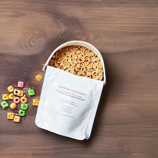Prompt: a bag of cereal, product photo,