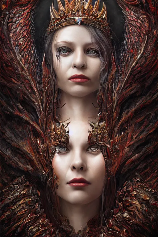Image similar to single face portrait. very complex hyper-maximalist overdetailed cinematic darkfantasy portrait of an elegant very attractive but dangerous and wild queen dragon by andrei riabovitchev, tomasz alen kopera, oleksandra shchaslyva. Omnious intricate. Focus on face. Artstation. Deviantart. 8k 4k 64megapixel.