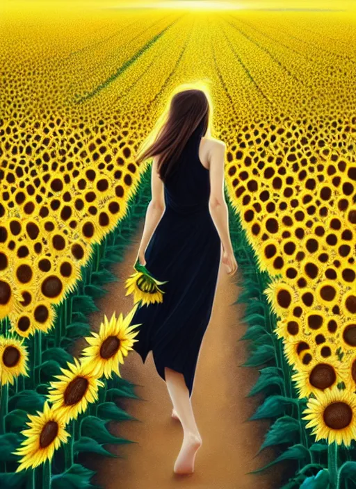 Image similar to a full body fashion photography of a girl slowly walking through amazing tall sunflower field, hair flowing, intricate, elegant, clearly visible face, highly detailed, digital painting, artstation, concept art, smooth, sharp focus, illustration, art by artgerm and greg rutkowski and alphonse mucha, 8 k