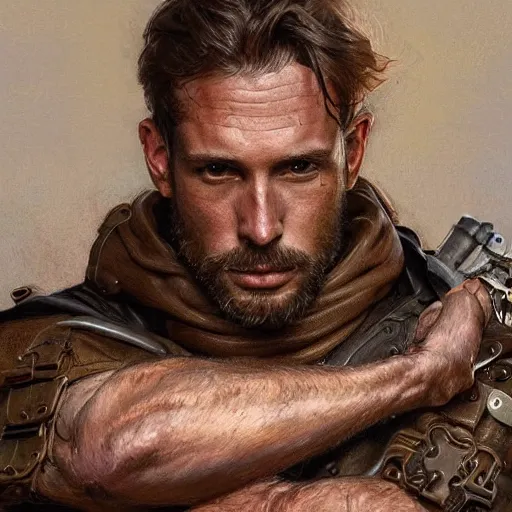 Image similar to portrait of a rugged ranger, coherent hands, handsome, muscular, full body, leather, hairy torso, d & d, fantasy, intricate, elegant, highly detailed, digital painting, artstation, concept art, smooth, sharp focus, illustration, art by artgerm and greg rutkowski and alphonse mucha