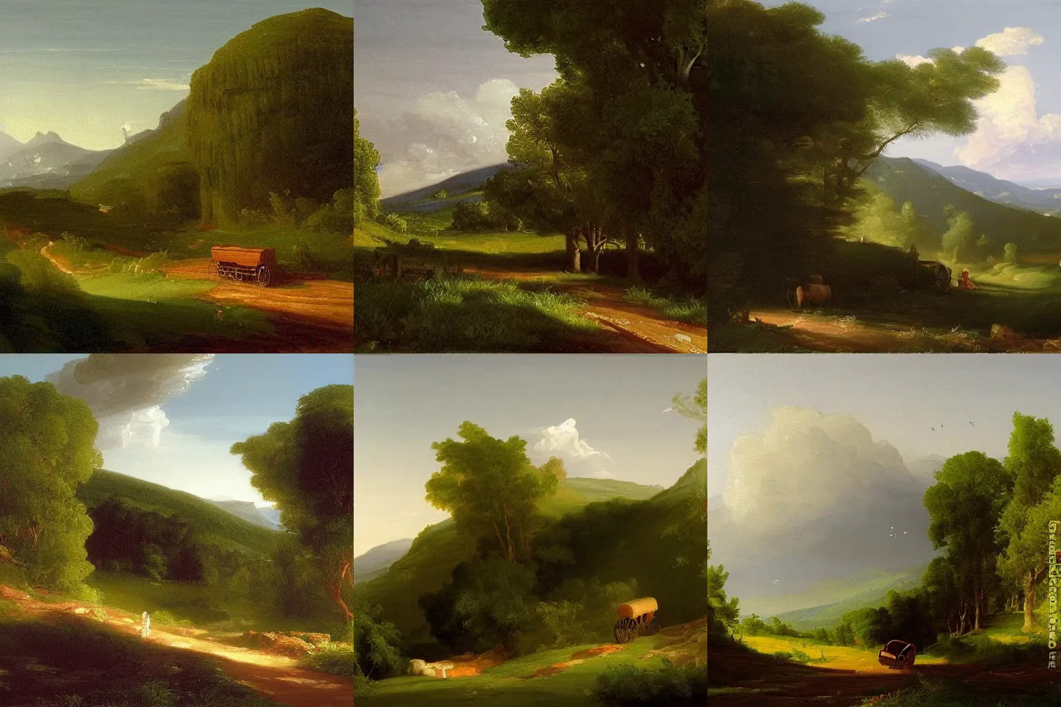 Prompt: a painting of a wagon traveling down a road, lush countryside, early morning, thomas cole