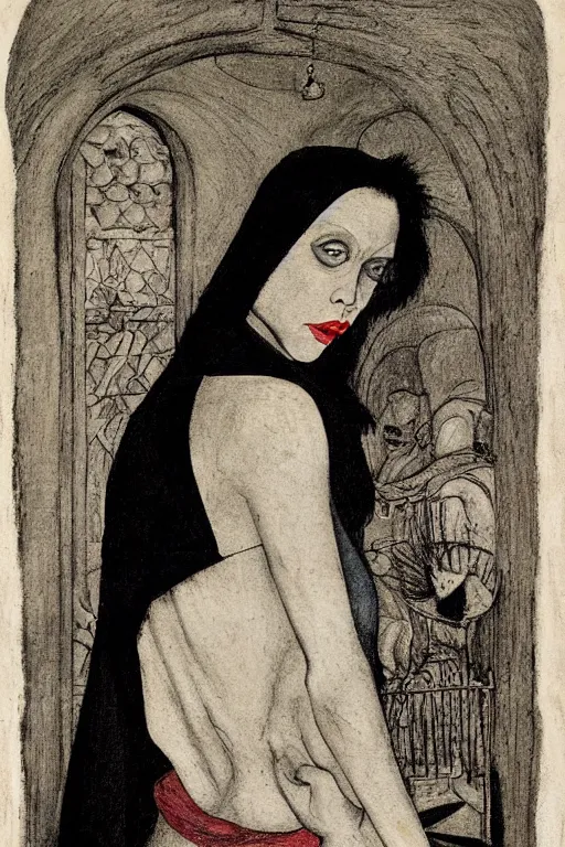 Image similar to portrait of fairuza balk as death of the endless, the sandman, grey clothes, in persian temple wet night, by pieter bruegel the elder, alexej von jawlensky, al williamson, pixiv, unsplash, cinemascope, deviantart