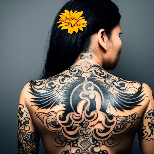 Image similar to photography of the back of a woman with a black detailed irezumi tatto representing a gold tiger with flowers, mid-shot, dark background, editorial photography