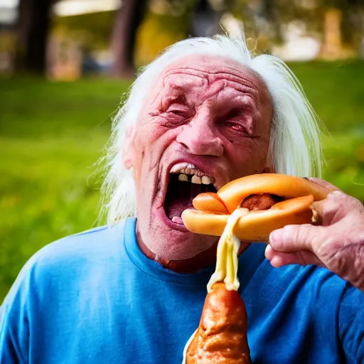 Image similar to portrait of an elderly man with a mullet haircut screaming at a hotdog, 🌭, canon eos r 3, f / 1. 4, iso 2 0 0, 1 / 1 6 0 s, 8 k, raw, unedited, symmetrical balance, wide angle