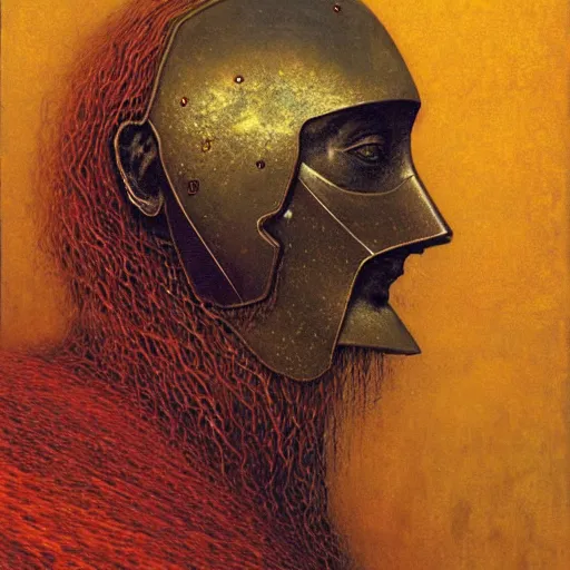 Image similar to portrait of powerful mighty noble knight in golden armour. He has golden hairs. Painting by Beksinski