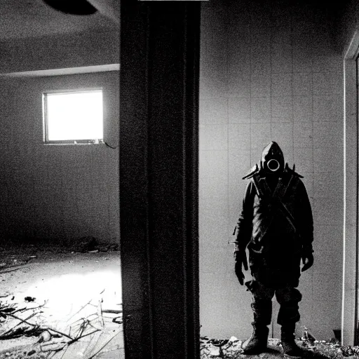 Image similar to A misterious man wearing a gas mask is standing on the midle of a stair hallway looking in the direction of the camera, the man is using a turned on flashlight to look for survivors :: Ruined city with vegetation and trees growing all over the place in the distroyed buildings :: apocalyptic, shadowy, disolate :: A long shot, low angle, dramatic backlighting, simetric photography, night time, slighty colorful :: cinematic shot, very detailed