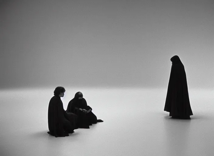 Image similar to Luke skywalker kneels before a strange star wars alien jedi oracle, a mystic with infinite knowledge of time. a strange ethereal foggy pink land. still from the 1983 film space odyssey directed by Stanley Kubrick, symmetrical framing, anamorphic, Photographed with Leica Summilux-M 24 mm lens, kodak stock, ISO 100, f/8, Portra 400