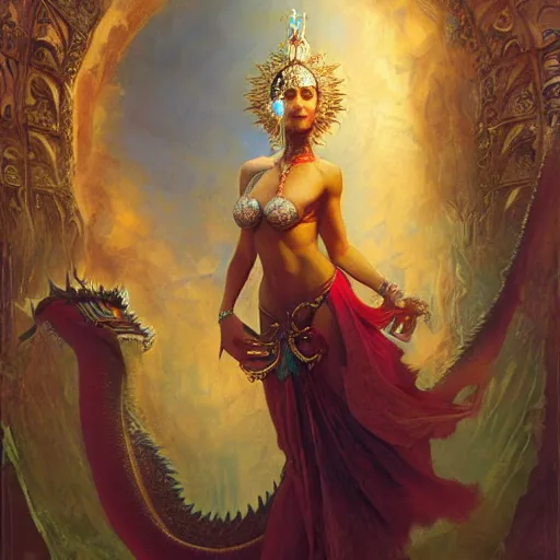 Prompt: cute female bellydancer dragon, anthropomorphic, stuning 3 d render, masterpiece, glowing holy aura, by donato giancola and greg rutkowski and wayne barlow and zdzisław beksinski, realistic face