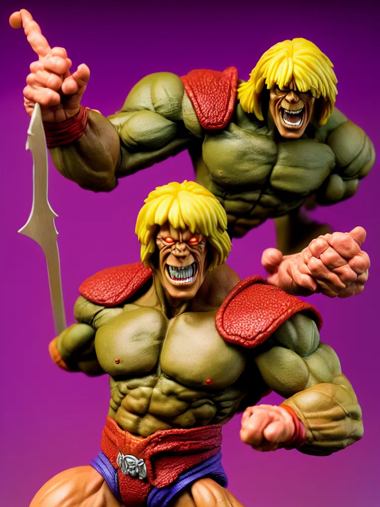 Image similar to hyperrealistic rendering, he - man by art of skinner and richard corben and jeff easley, product photography, action figure, sofubi, studio lighting, colored gels