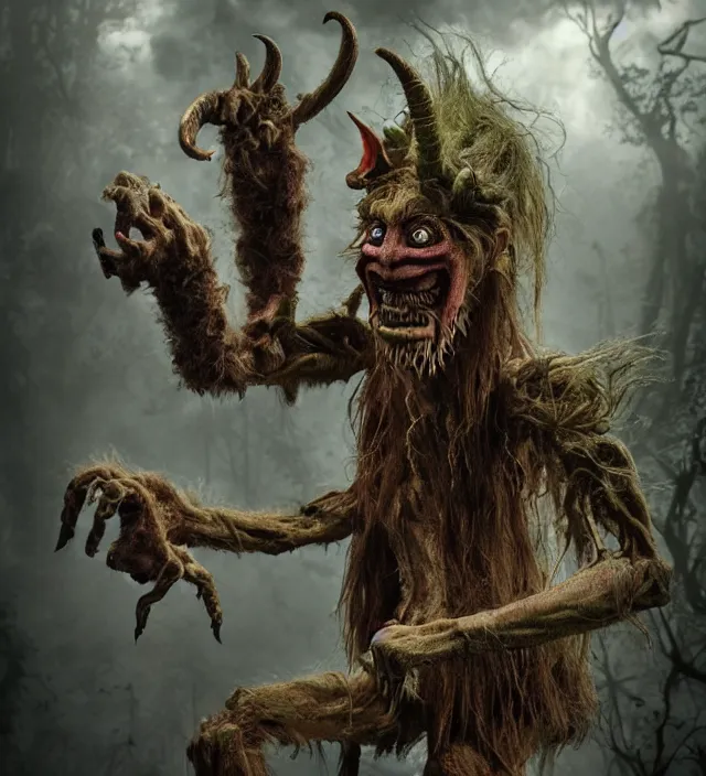 Prompt: hyper realistic photography of indonesian demon hairy fluffy muppet show horror nightmare elf goblin monster with long arms, human anatomy, real teeth, full body, cinematic symmetric dark _ crystal, brian froud, alan lee, jean baptiste monge, scott radke