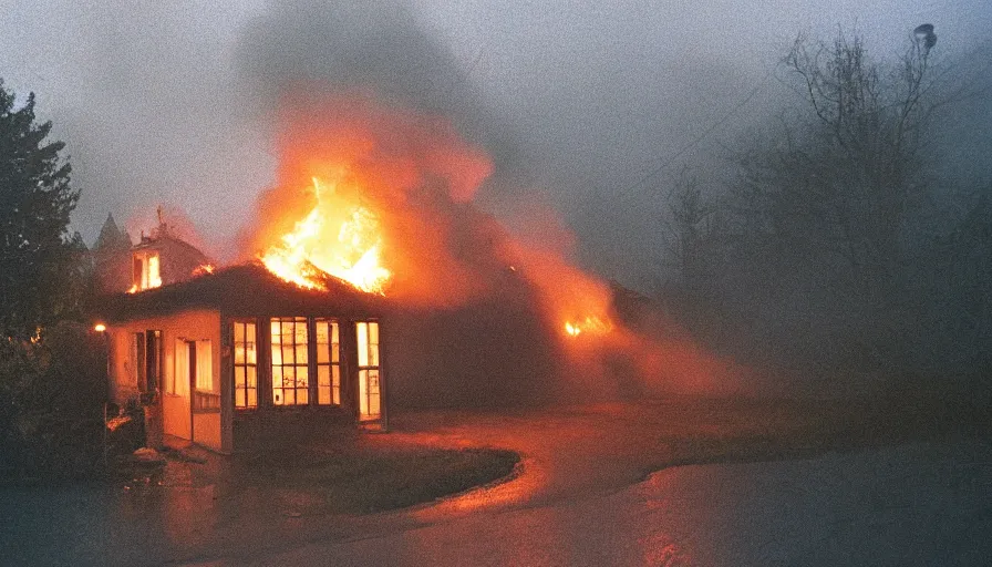 Image similar to 1 9 7 0 s movie still of a heavy burning french style little house in a small north french village by night, rainy, foggy, in winter, cinestill 8 0 0 t 3 5 mm, heavy grain, high quality, high detail, dramatic light, anamorphic, flares