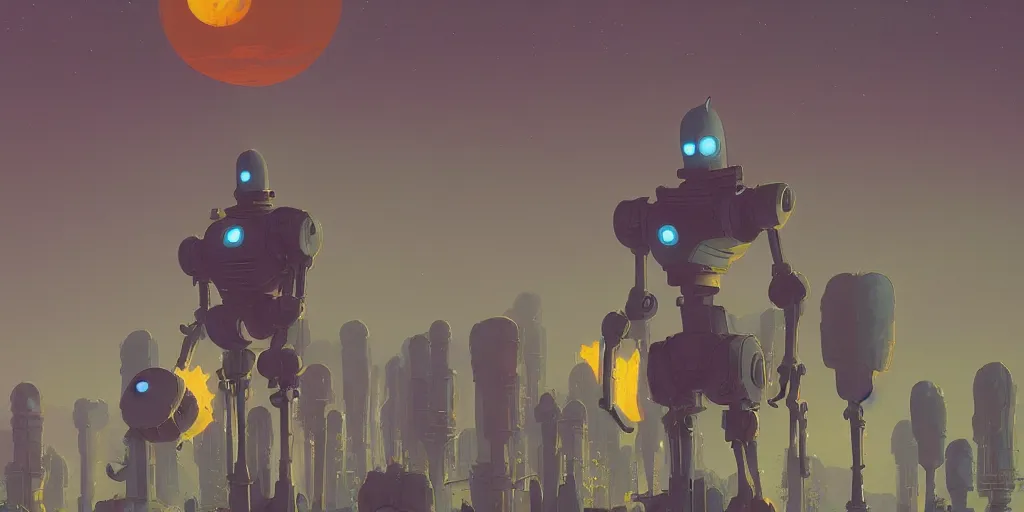 Prompt: a beautiful matte painting of the iron giant by simon stalenhag and alan bean, trending on artstation
