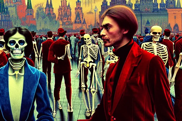 Image similar to realistic detailed photorealistic film portrait shot of a single skeleton wearing crimson velvet blazer in a crowded futuristic moscow street by Denis Villeneuve, Amano, Yves Tanguy, Alphonse Mucha, Ernst Haeckel, Andrei Tarkovsky, Edward Robert Hughes, Roger Dean, rich moody colours, wide angle, blue eyes