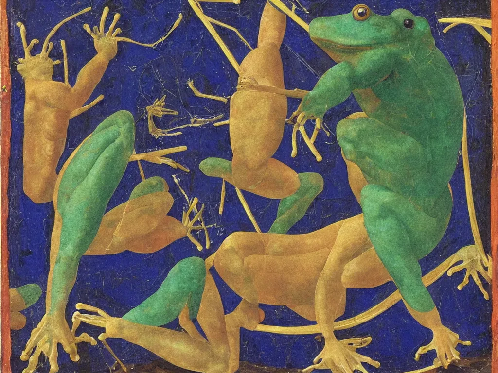 Prompt: portrait of a muscular frog. lapis lazuli, malachite, turqouise, gold. painting by piero della francesca, balthus, agnes pelton