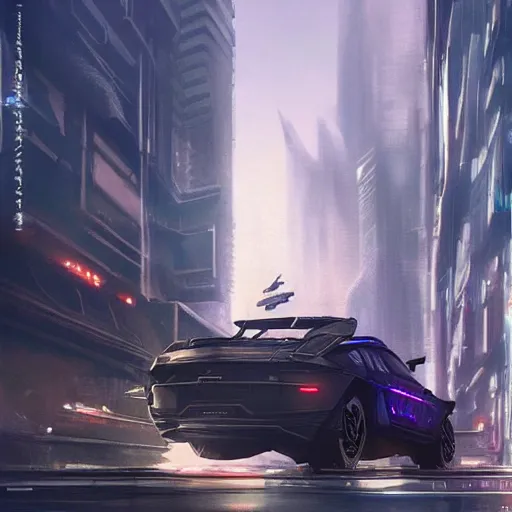 Image similar to A cyberpunk car flying trough the city, Magic the Gathering art, art by greg rutkowski, matte painting, trending on artstation, very detailed