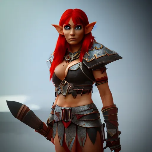 Image similar to beautiful redhead elf, warrior outfit, clash royal style characters, unreal engine 5, octane render, detailed, cinematografic, cinema 4 d