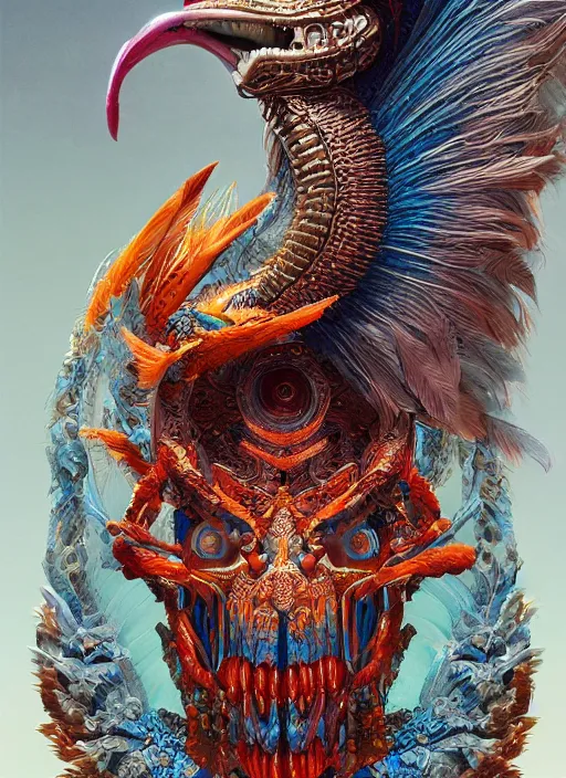 Image similar to a wlop 3 d portrait of a goddess, 8 k micro details beautiful intricate highly detailed quetzalcoatl skull and feathers. fire, galaxy, artwork by tooth wu and wlop and beeple and greg rutkowski, trending on artstation,