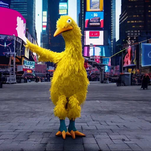 Image similar to big bird as a homeless hooker begging for fentanyl in times square, ultra detailed, 8 k, photorealism, rule of thirds, octane render, cosplay, cinematic lighting.