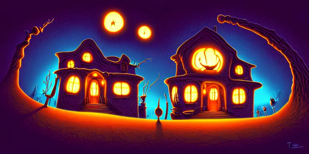 Image similar to curved perspective digital art of a kitchen without windows lights off from tim burtons nightmare before christmas by petros afshar