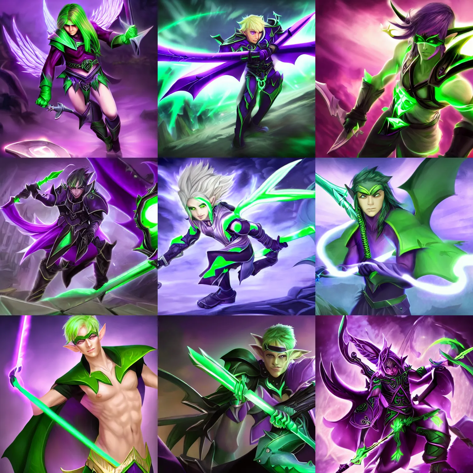 Prompt: purple skin male elf with giant bat wings, wearing a blindfold with glowing green eyes, wielding green blades, official splash art