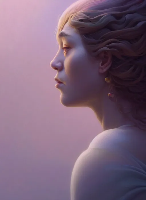 Image similar to side profile portrait by hsiao ron cheng and christophe vacher with imogen poots as gloomhaven paladin, pastel colors 5 4 k rtx volumetric light concept studio matte painting digital illustration fanart artstation by rob rey, artgerm, lawren harris, thomas blackshear, magali villeneuve, jeremy lipkin, eve ventrue