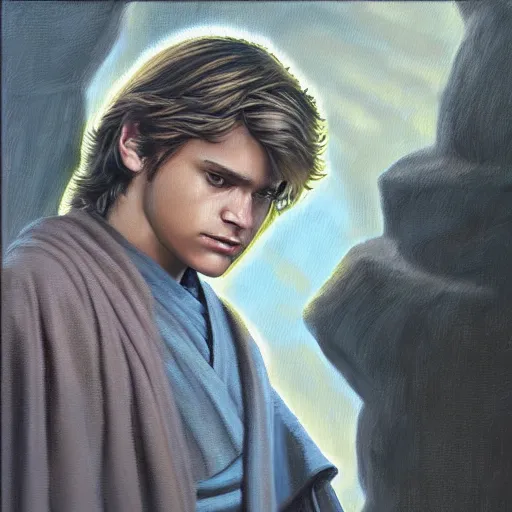 Image similar to anakin at the steps of the jedi temple, oil paint, art station, highly detailed, nighttime