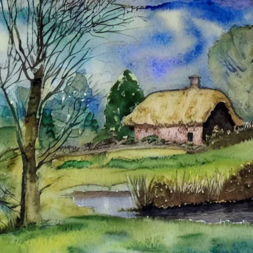 Image similar to a peaceful scene with old thatched cottage nestling amongst the trees, watercolor