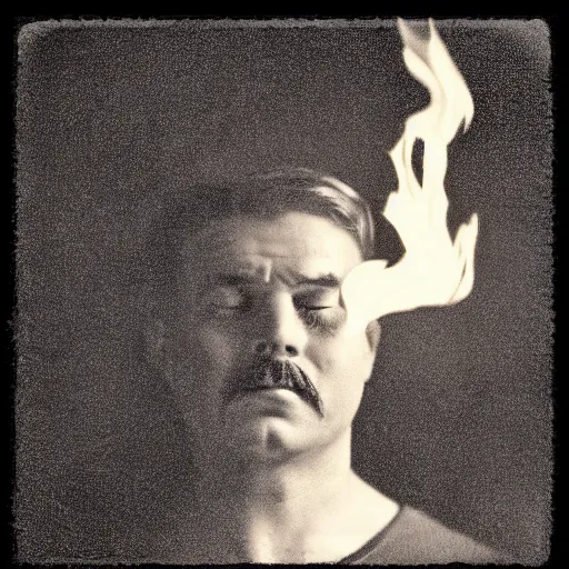 Image similar to a vintage photograph of a man with their head on fire. in the style of frank cho and casey baugh