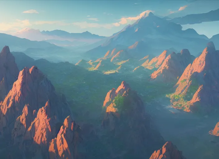 Image similar to concept art painting of a distant valley village from above, early morning, cel shaded, by makoto shinkai and moebius and anton fadeev and james gurney