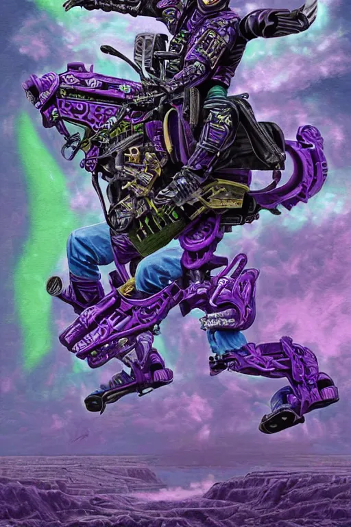 Image similar to portrait of cowboy johnny cash as purple green optimus prime power ranger from transformers surfing tonic stimulant fluids on air guitar zord UFO hoverboard, intricate, highly detailed, smooth, artstation, digital illustration by Lisa Frank and Ruan Jia and Mandy Jurgens and Artgerm and Wayne Barlowe and Greg Rutkowski and Zdislav Beksinski