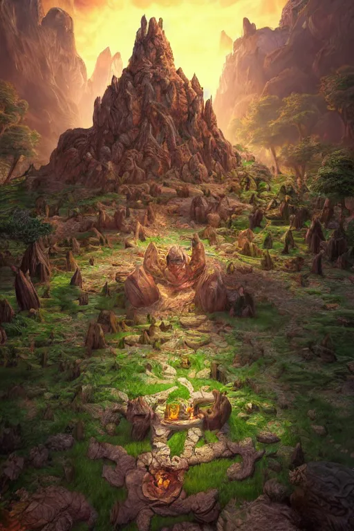 Image similar to zelda fantasy art giant golem troll wood rock greeble gemstone enchanted forest, global illumination ray tracing hdr fanart arstation by sung choi and eric pfeiffer and gabriel garza and casper konefal bastion forged hardmesh lisa frank zbrush central radiating a glowing aura global illumination ray tracing hdr