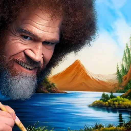 Prompt: a closeup photorealistic photograph of bob ross working on a canvas painting of aquaman. film still. brightly lit scene. mountains and trees. this 4 k hd image is trending on artstation, featured on behance, well - rendered, extra crisp, features intricate detail, epic composition and the style of unreal engine.