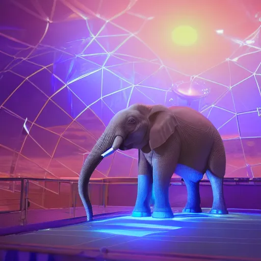 Image similar to a hyperrealistic 3D octane render of an elephant wearing virtual reality goggles playing a synthesizer inside of a geodesic dome planetarium with planets and galaxies, trending on artstation, 8k, 4K, dramatic lighting, glowing, volumetric lighting, ray tracing, unreal engine