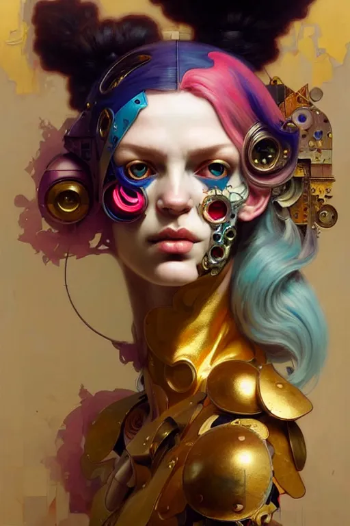 Image similar to portrait, patchwork doll, cyberpunk, elegant baroque, asymmetrical art, hyperrealism, colorful, vivid, imposing, epic, abstract texture, gold leaf texture, artstation, concept art, by peter mohrbacher and wlop and rhads and artgerm and magali villeneuve and alphonse mucha