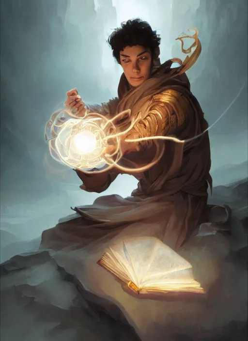 Image similar to character concept portrait of an attractive young Spanish wizard with tan skin conjuring a wind spell, a floating iridescent spell book in the center, intricate, elegant, digital painting, concept art, smooth, sharp focus, illustration, from Metal Gear, by Ruan Jia and Mandy Jurgens and William-Adolphe Bouguereau, Artgerm