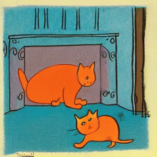 Image similar to by tove jansson, an orange cat crossing in front of a dim doorway, comic