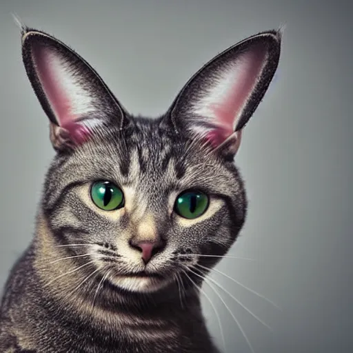 Prompt: high quality studio portrait of a cat with floppy bunny ears