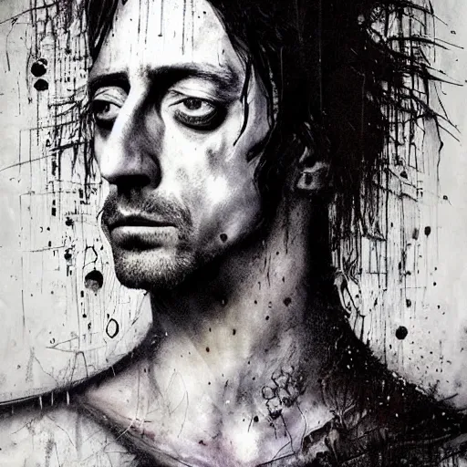 Image similar to stunning portrait of gaunt adrien brody a ( the cure fan ) as dream from sandman, dim stars as eyes, by jeremy mann, by cedric peyravernay, by by russ mills, by richard avedon and ben templesmith, dramatic lightning, sadness, dark eye sockets, in the shadows, punk rock, gothic, high detailed, 8 k