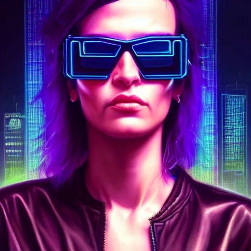 Prompt: epic portrait of cyberpunk Carpenter Charisma wearing mirrorshades, Night City, cyberpunk 2077, neon megacity in the background, angry and bored, illustration, soft lighting, soft details, painting oil on canvas by mark arian by artgerm, trending on artstation, 4k, 8k, HD