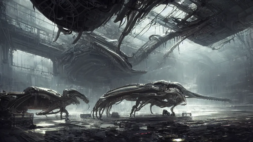 Prompt: a Photorealistic dramatic hyperrealistic,hyper detailed render by Greg Rutkowski,Craig Mullins,Nicolas Bouvier SPARTH, ILM of an Epic Sci-Fi, Gigantic Alien xenomorph spaceship inside huge interior hangar,intricate bio mechanical surface details,many tubes and cables hanging from the ceiling,Beautiful dynamic dramatic moody lighting,contrast and shadows,Volumetric,Cinematic Atmosphere,Octane Render,Artstation,8k