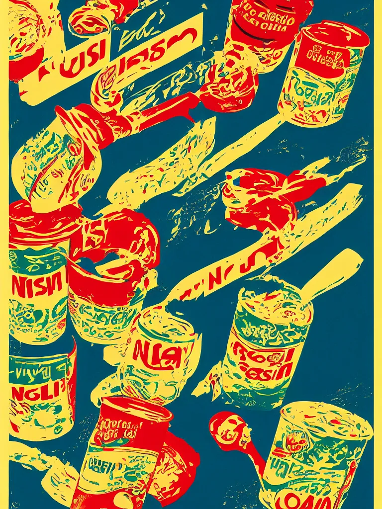 Image similar to vintage italian graphic design poster, nissin cup noodles, stylish, colorful, visual communications