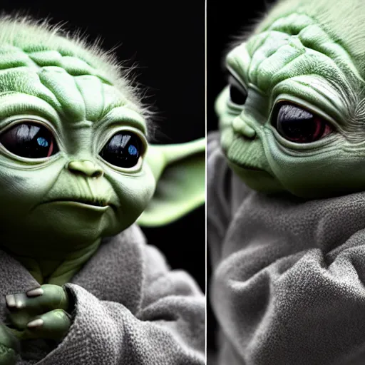 Image similar to full body pose, hyperrealistic photograph of baby yoda dressed as a pimp, dim volumetric lighting, 8 k, octane beautifully detailed render, extremely hyper detailed, intricate, epic composition, cinematic lighting, masterpiece, trending on artstation, very very detailed, stunning, hdr, smooth, sharp focus, high resolution, award, winning photo, dslr, 5 0 mm