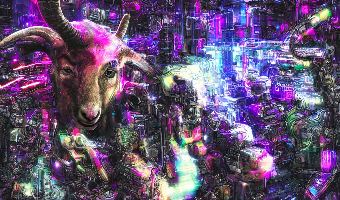 Image similar to complex cyberpunk machine background merged with one evil cybernetic goat head in center focus, multicolored digital art
