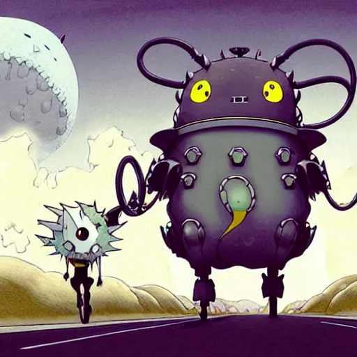 Prompt: a cell shaded cartoon grey lovecraftian mechanized pikachu demon from howl's moving castle ( 2 0 0 4 ), with a big head, on a desert road, wide shot, in front of a big moon, muted colors, post grunge, josan gonzales, wlop, by james jean, victor ngai, hq, deviantart, art by artgem