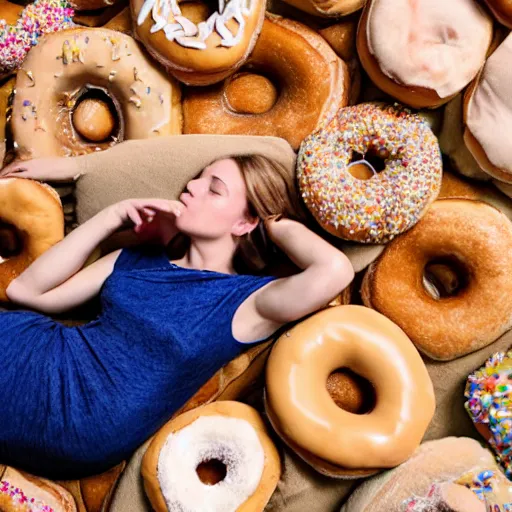 Image similar to A woman sleeping on a bed made of doughnuts