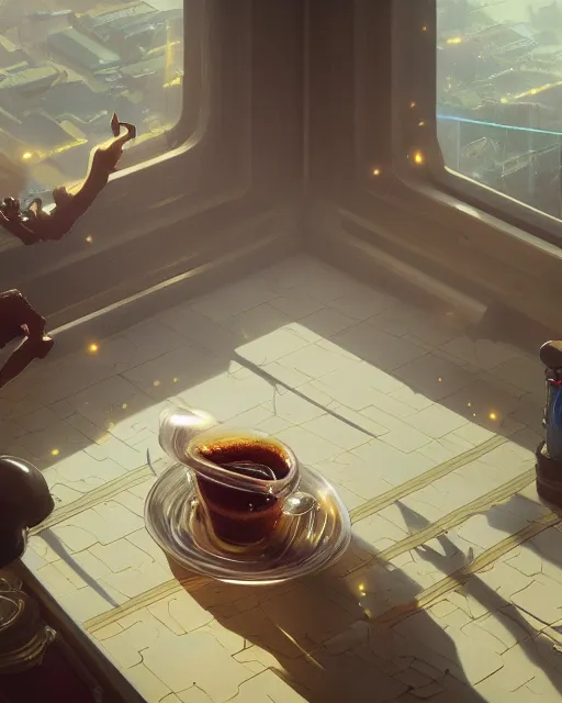 Image similar to highly detailed vfx macro shot of espresso, stephen bliss, unreal engine, greg rutkowski, loish, rhads, beeple, makoto shinkai and lois van baarle, ilya kuvshinov, rossdraws, tom bagshaw, alphonse mucha, global illumination, detailed and intricate environment